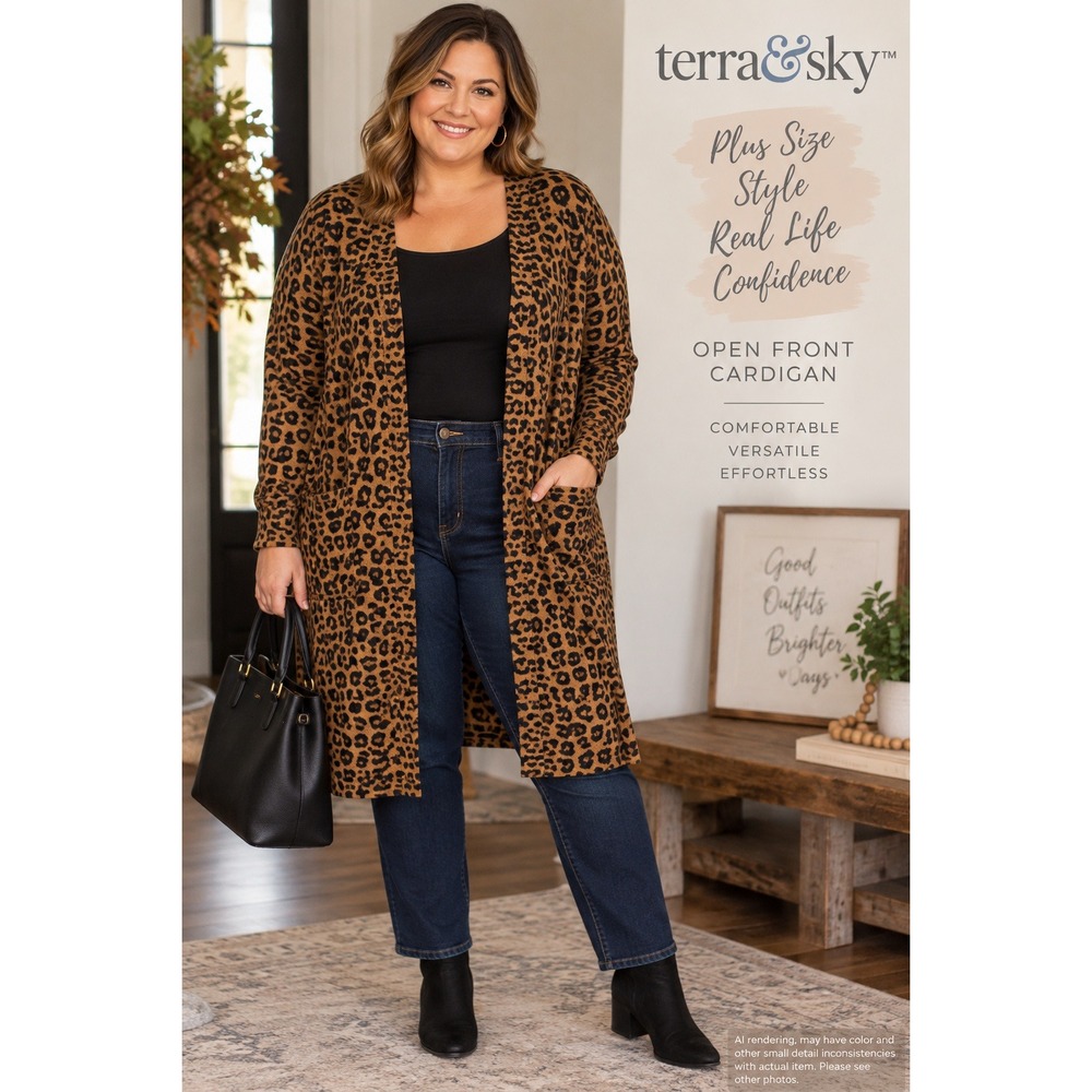 Terra & Sky Leopard Print Open Front Cardigan Size 0X 14W Brown Animal Print